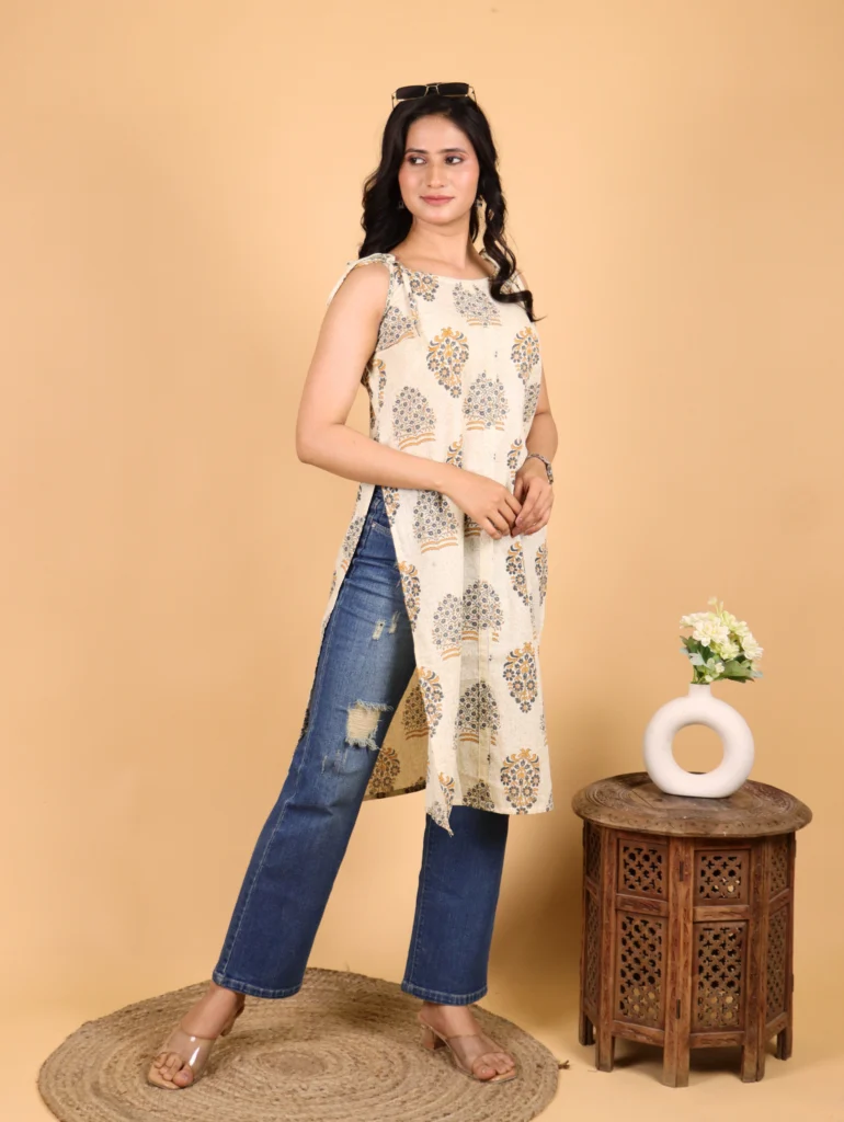 Trendy Off White Kurta for Women – Sunlit Meadow Summer Cotton Kurti