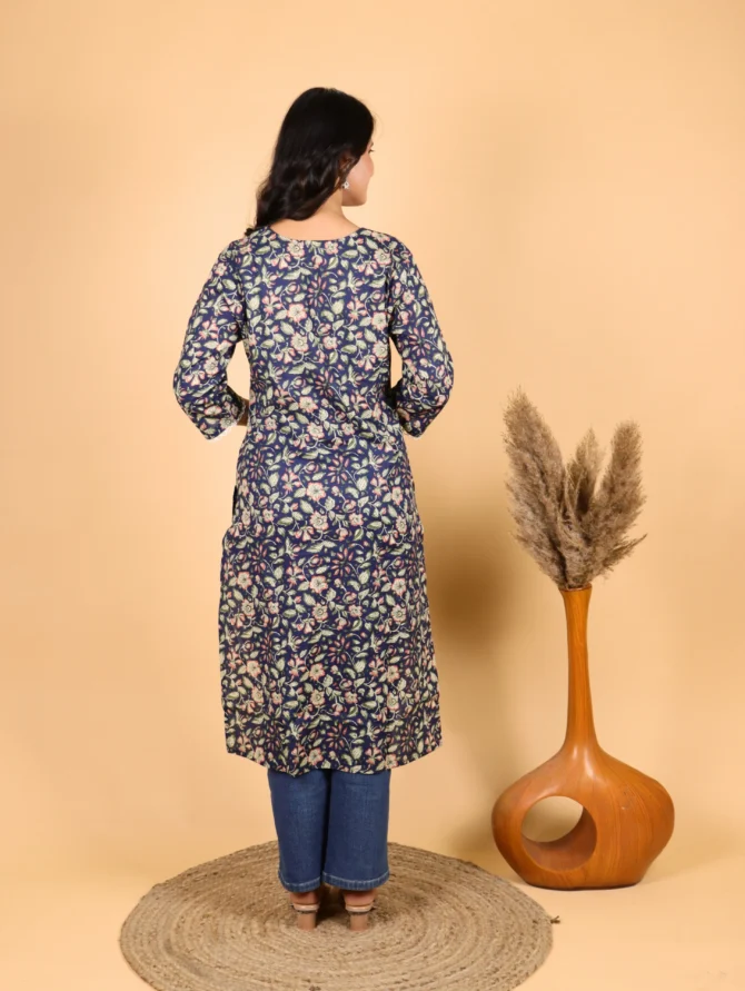 Blue Floral Cotton Straight Kurta — Skybloom Kurta - Image 3