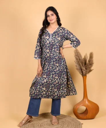 Blue Floral Cotton Straight Kurta — Skybloom Kurta