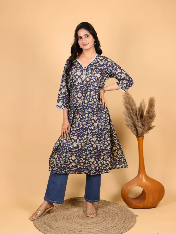 Blue Floral Cotton Straight Kurta — Skybloom Kurta