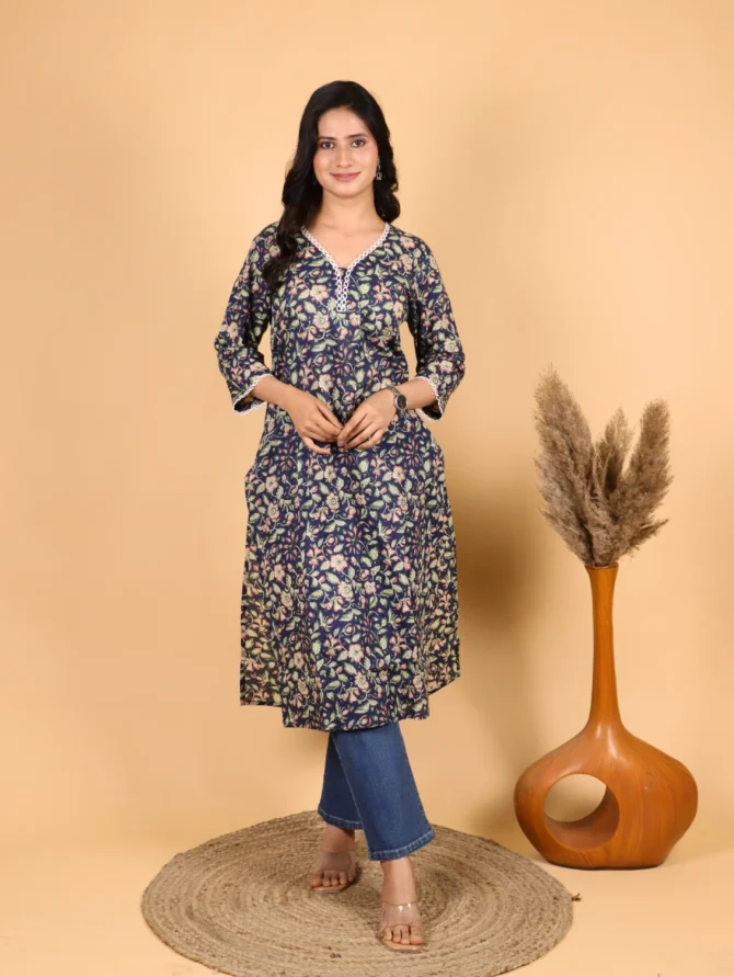 Blue Floral Cotton Straight Kurta — Skybloom Kurta - Image 4