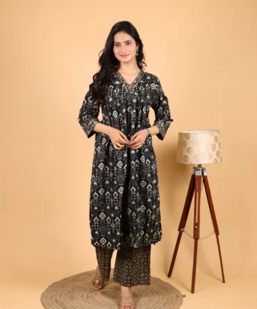 Black Floral Cotton Kurta Set — Duskbloom Set