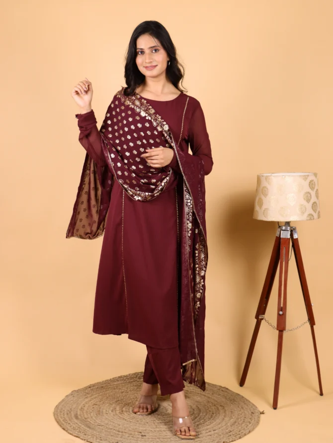 Maroon Crepe Kurta Set with Dupatta — Emberveil Ensemble - Image 2
