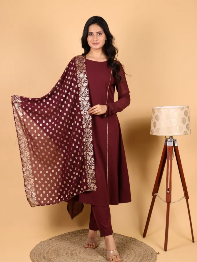Maroon Crepe Kurta Set with Dupatta — Emberveil Ensemble - Image 5