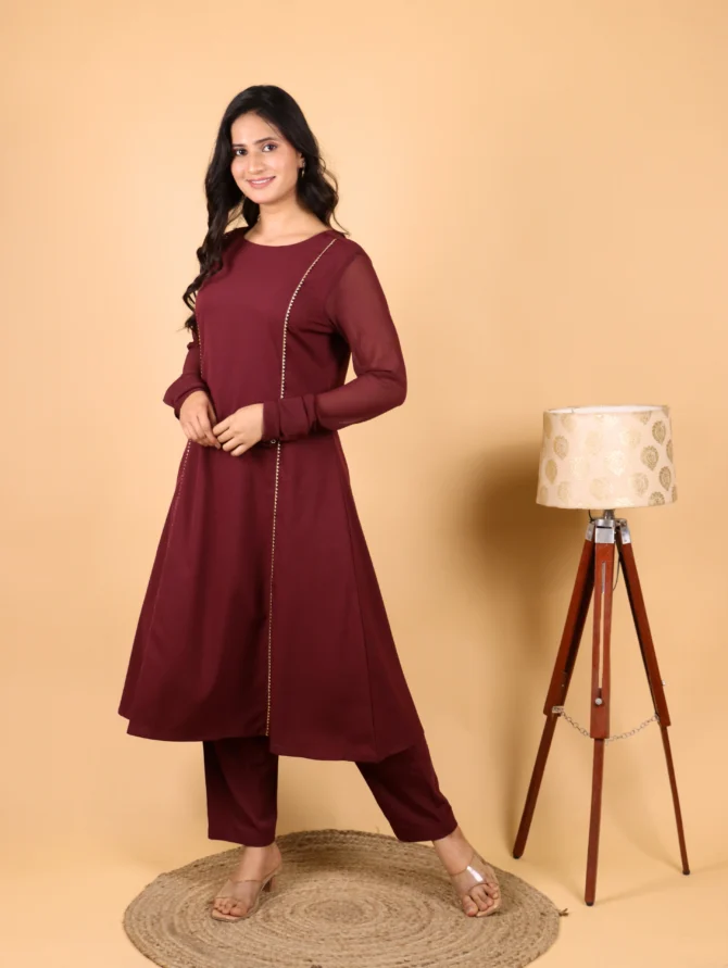 Maroon Crepe Kurta Set with Dupatta — Emberveil Ensemble - Image 4