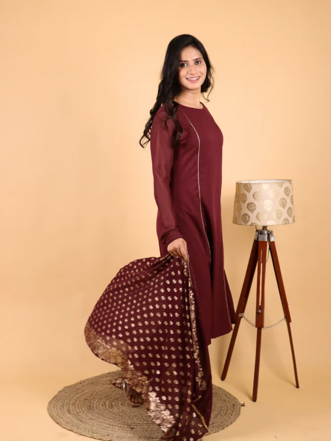 Maroon Crepe Kurta Set with Dupatta — Emberveil Ensemble