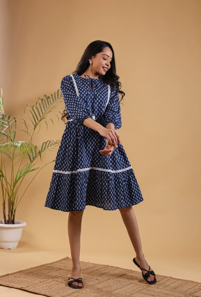 The Indigo Blossom Cotton Floral Printed Dress - Image 7