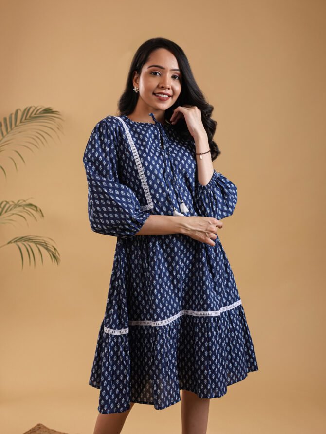 The Indigo Blossom Cotton Floral Printed Dress - Image 5