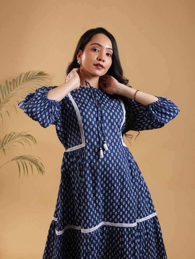 The Indigo Blossom Cotton Floral Printed Dress - Image 4
