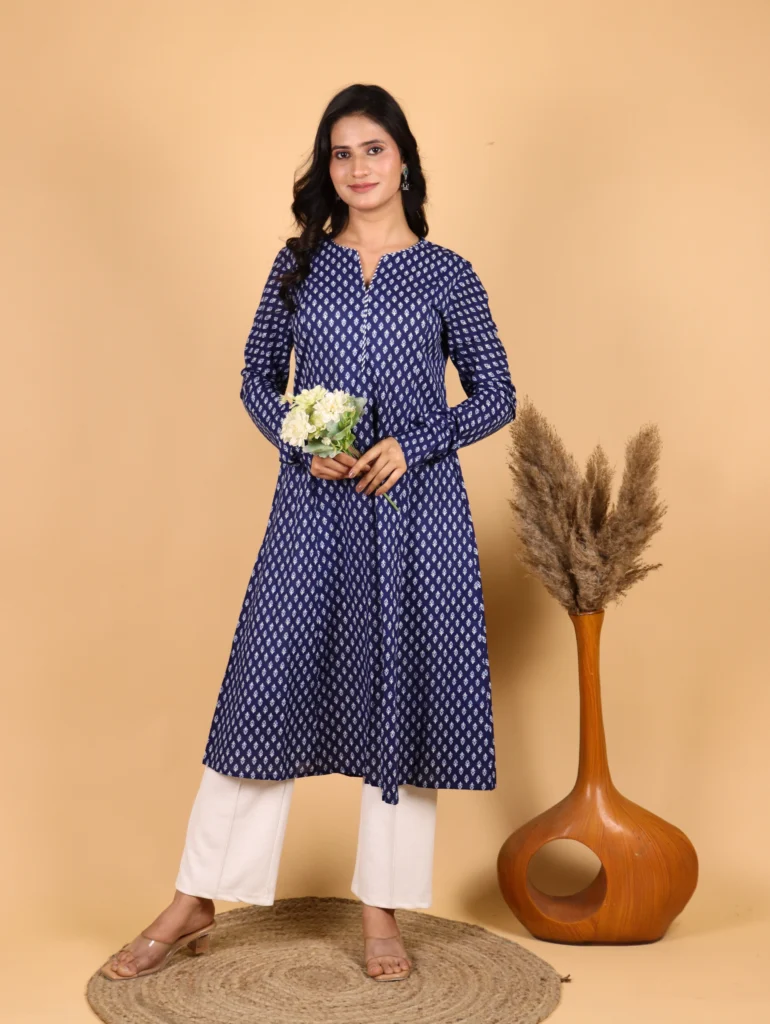 Trendy Navy Blue Kurta for Women | Midnight Bloom – Navy Floral Cotton Kurta