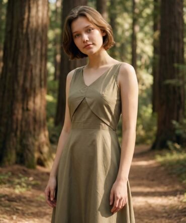Leafy Grove | Moss Wood Cotton Sateen Dress for Women