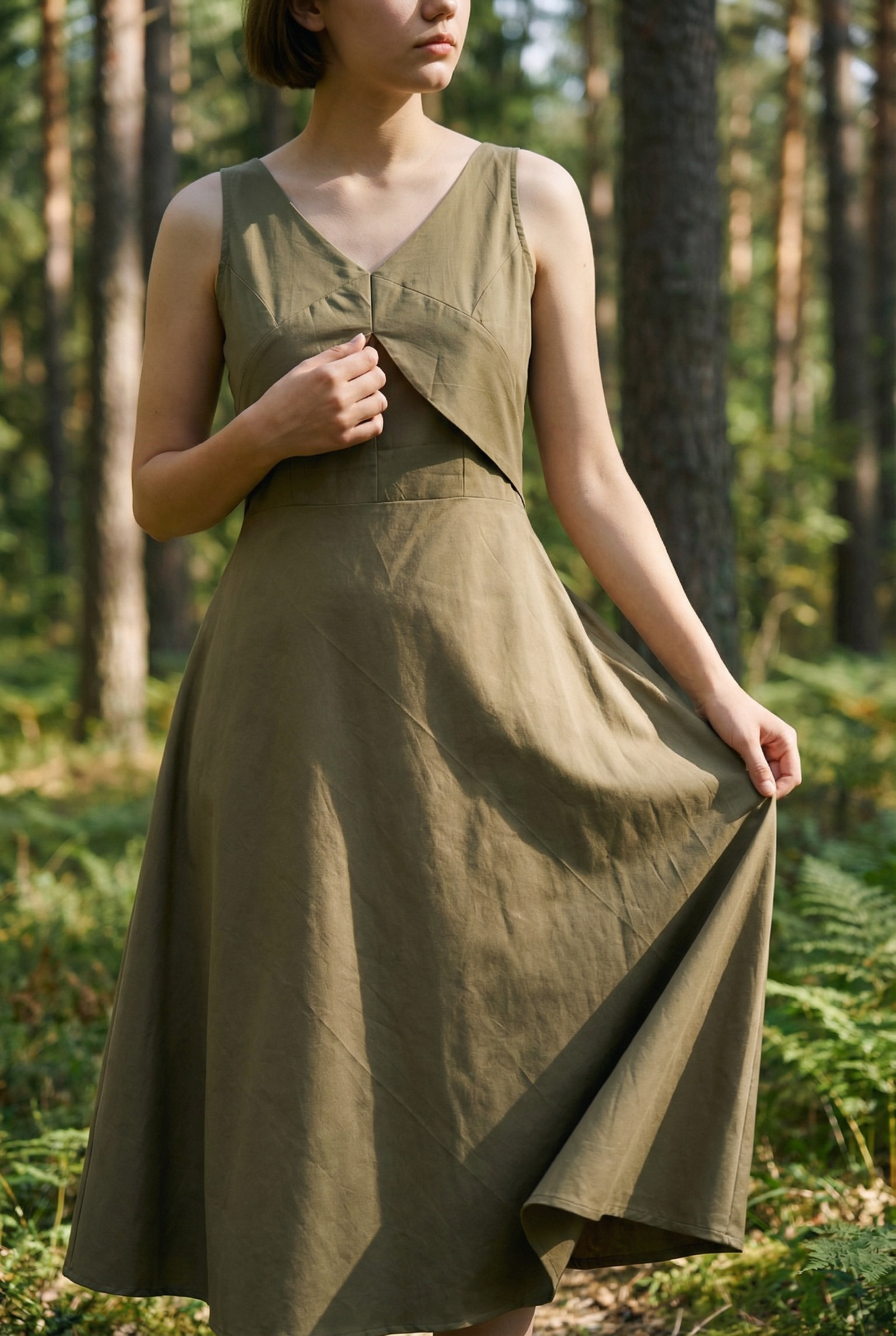 Leafy Grove | Moss Wood Cotton Sateen Dress for Women - Image 4