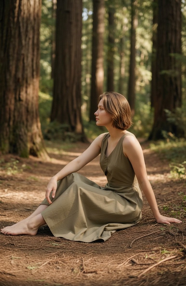 Leafy Grove | Moss Wood Cotton Sateen Dress for Women - Image 2